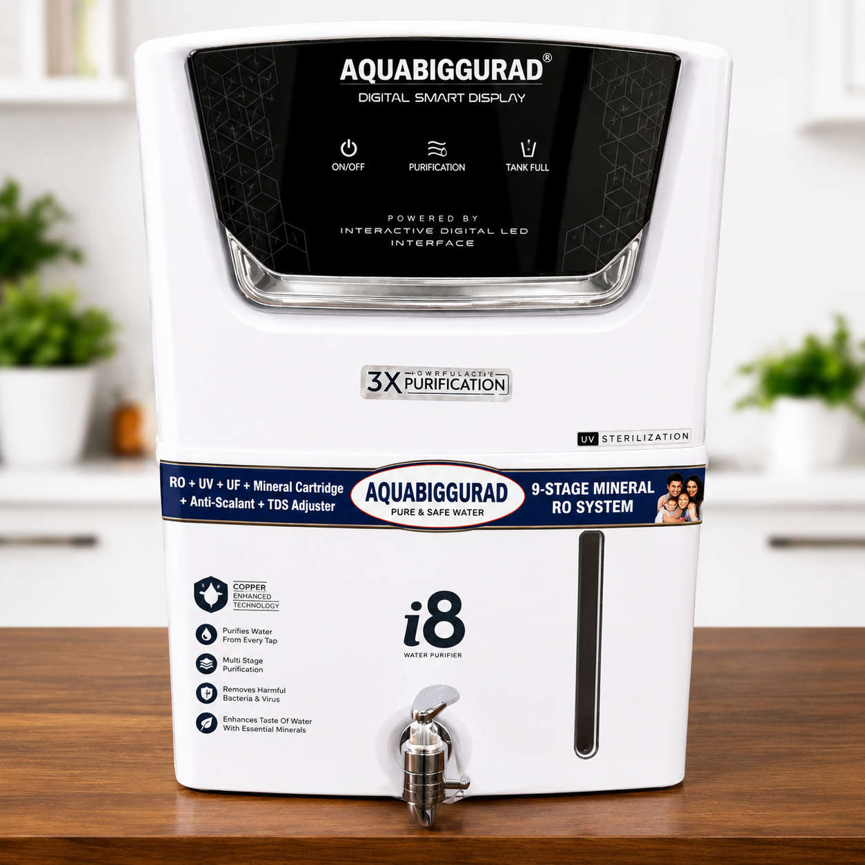 i 8 7000 AQUABIGGUAED Turbo RO+UV+UF+COPPER+ ALKALINE TDS CONTROLLER 15 L RO + Water Purifier (Silver) - Image 1